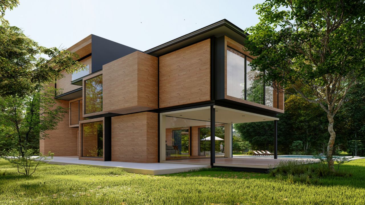3d rendering large modern contemporary house wood concrete