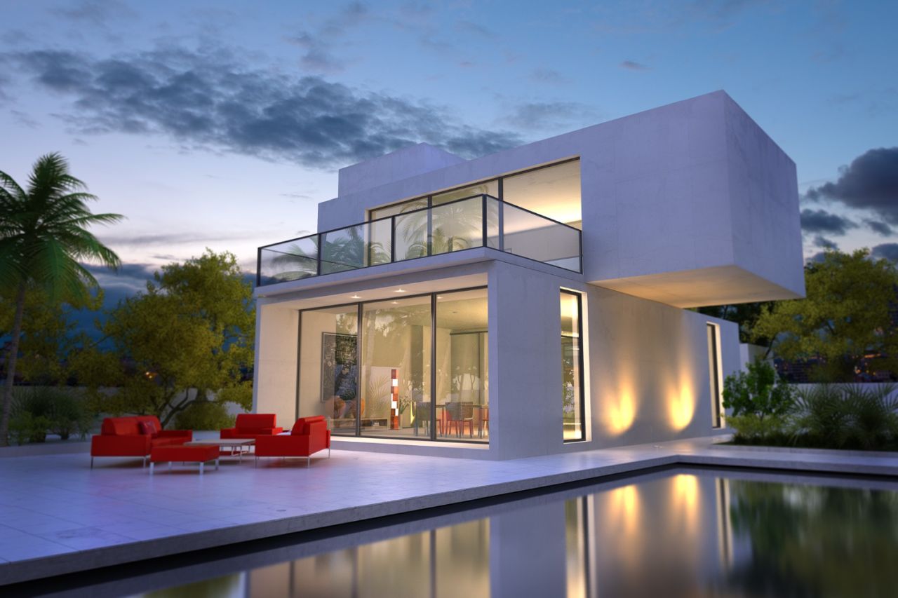 3d rendering modern white villa with pool