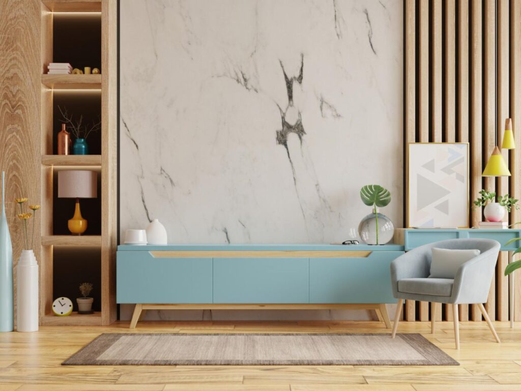 living room interior with armchair cabinet tv empty marble wall background 3d rendering