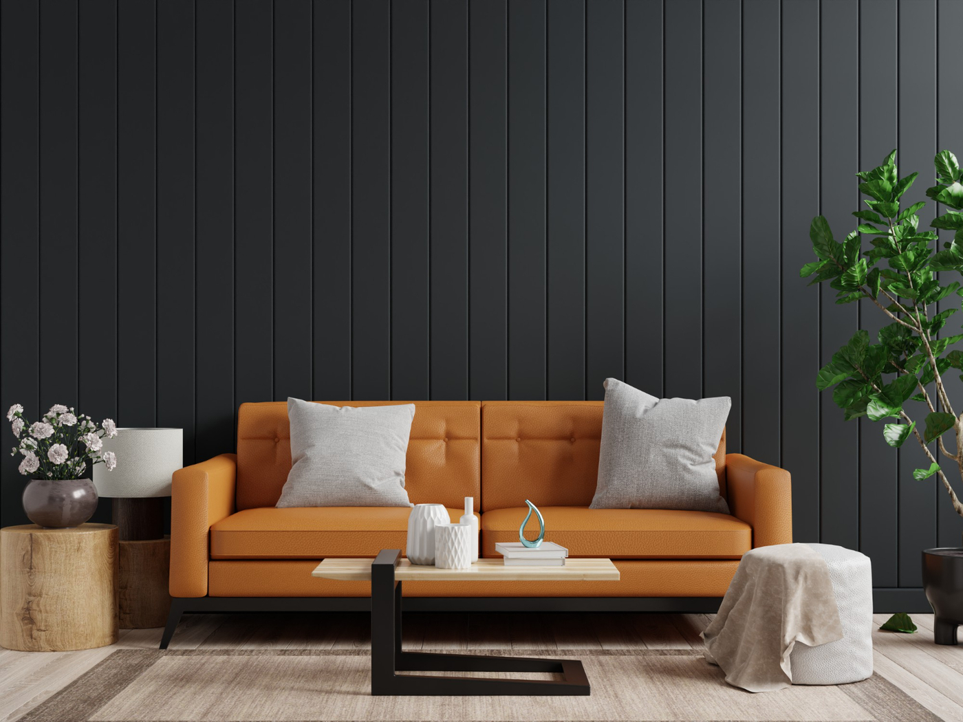 mockup wall dark living room interior background with leather sofa table empty dark wooden wall 3d rendering