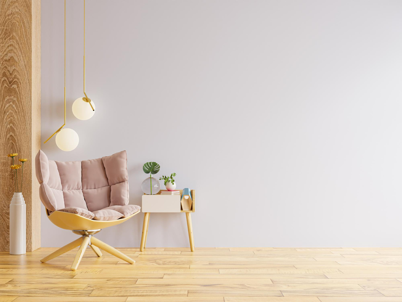modern minimalist interior with armchair empty light pink wall background 3d rendering