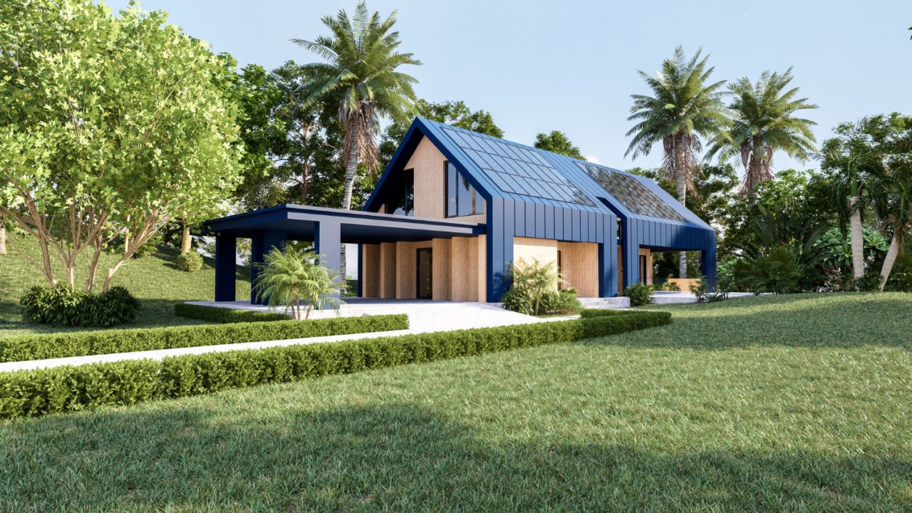 solar panels roof modern house harvesting renewable energy with solar cell panels exterior design 3d rendering (1)
