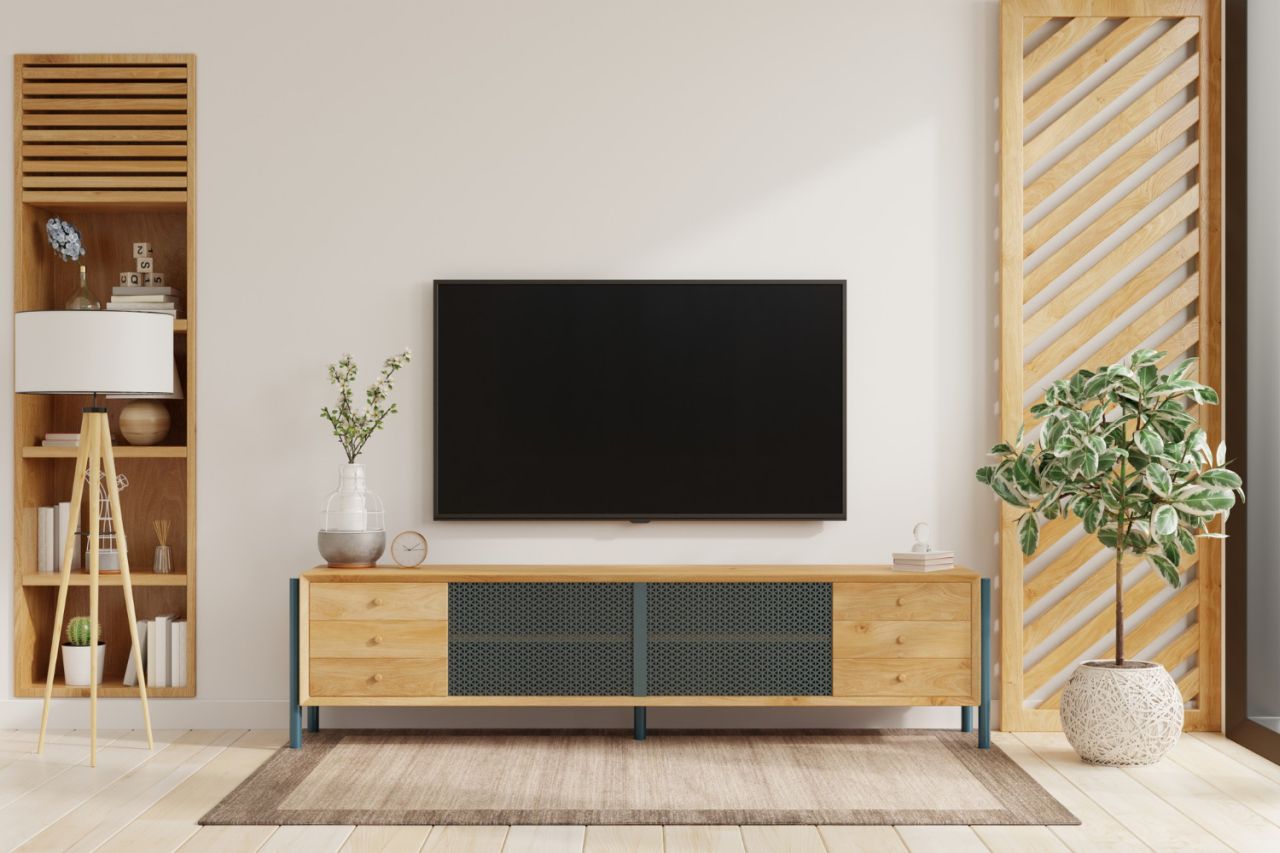 tv led cabinet modern living room white wall background 3d rendering